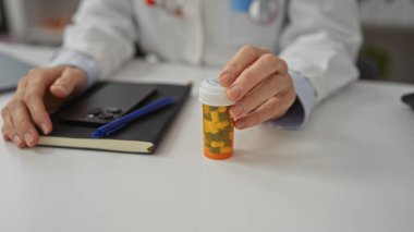 Doktor elinde reçeteli bir ilaç şişesi ile klinikteki bir masanın üzerine oturmuş sağlık hizmetlerini ve tıbbi muayeneyi sembolize ediyor..