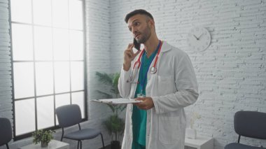 Genç bir İspanyol erkek doktor, elinde bir dosya ile klinik bekleme odasında duruyor, telefonda konuşuyor, etrafı tıbbi dekor ve doğal ışık ile çevrili..