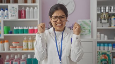 Eczanedeki İspanyol kadın sıkılmış yumruklarıyla hayal kırıklığını ifade ediyor. Etrafı ürünlerle dolu ve beyaz laboratuvar önlüğü ve gözlük takıyor..
