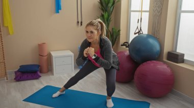 Parlak bir spor salonundaki paspasın üzerinde egzersiz yapan, egzersiz ekipmanlarıyla çevrili spor kıyafetleri giymiş, odaklanmış ve kararlı bir şekilde yan hamlesini yapan bir kadın..