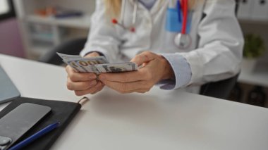 Kadın, klinik masasında steteskopla para sayıyor. Sağlık sektöründe finansal konsept sergiliyor..