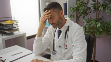 Beyaz önlüklü doktor klinikte stresli görünüyor. Alnında kağıt ve steteskop ile tıbbi gerilimi vurguluyor..