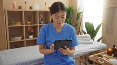 Mavi üniformalı bir kadın, sakin bir spa odasında mum ve bitkilerle tablet kullanıyor. Huzurlu bir iç mekandaki güzellik ve sağlığa odaklanıyor.