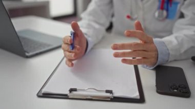 Doktorun elleri hastane kliniğindeki bir panonun üstünde dizüstü bilgisayar ve akıllı telefonuyla profesyonel sağlık hizmetlerini gösteriyor.