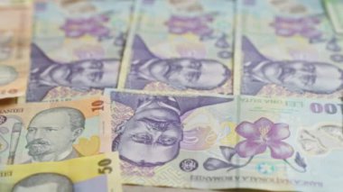 Romanya 'nın leu banknotları bir yüzeye yayılarak, önemli tarihsel figürler ve karmaşık modeller içeren çeşitli para birimi değerlerini vurguluyor.