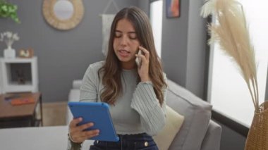 Elinde tabletle konuşan bir kadın. Oturma odası modern apartman esmer ev iç mekan teknolojisi rahat ortam.