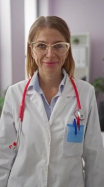 Klinikte gözlüklü, beyaz önlüklü ve steteskoplu bir kadın..