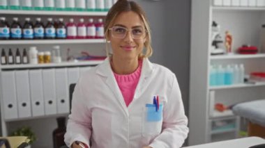 Gözlüklü ve laboratuvar önlüklü genç sarışın kadın hastane odasında gülümsüyor. Profesyonel ve dost canlısı sağlık hizmetleri sunan tıbbi malzemelerle dolu raflarla..