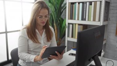 Masasında tabletle modern bir ofiste çalışan bir kadın ofis ortamında konsantrasyon ve profesyonelliği gösteren kitaplarla çevrili..