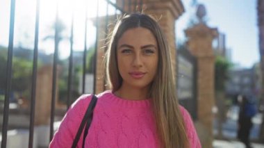 Canlı pembe kazaklı bir kadın güneşli bir şehir sokağında duruyor, güzellik ve tarz yayıyor, modern şehir hayatının özünü yansıtıyor, gündelik ama kendine güvenen bir şekilde..