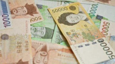 Güney Kore banknotları, 50.000, 10000 ve 5000 won 'luk banknotlar çeşitli tasarım ve portreleri vurguluyor ve yerel para birimini vurguluyor..