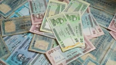 Bangladeş banknotları çeşitli banknotlar halinde dağınık, Bangladeş 'in canlı para birimini gösteriyor.