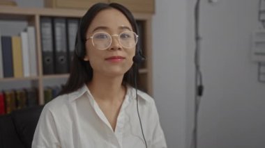 Ofis ortamında gülümseyen gözlüklü ve kulaklık takan Asyalı bir kadın. Arka planda kitaplıklar var..