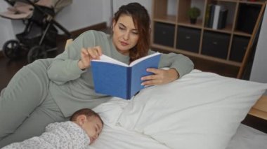 Yatak odasında yanında bebek uyuyan bir kadın kitap okuyor aile bağlarını, rahatlığı ve ev içi rahatlığı vurguluyor..