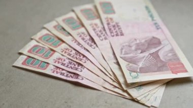 Mısır banknotları gri beton bir yüzeye yerleştirilmiş. Üzerinde tarihsel figürler olan on pound 'luk banknotlar sergileniyor..