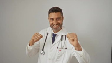 İspanyol doktor, beyaz bir arkaplana güvenle gülümsüyor. Steteskop takıyor ve elleri dinamik jestlerle tıbbi çalışmalara hazır..
