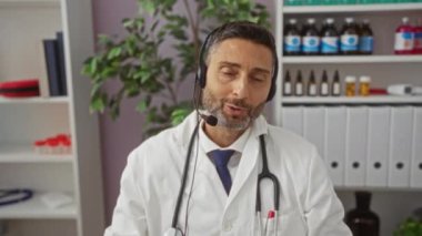 Tıp malzemeleri ve kitaplarla çevrili modern bir klinikte konuşan kulaklık takan bir doktor..