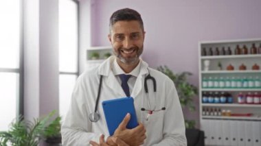 Parlak bir klinik odasında elinde bitkilerle gülümseyen doktor, beyaz önlük ve steteskop giyiyor, profesyonellik ve samimiyet saçıyor..