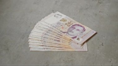 Somut bir yüzeyde duran fan desenli Singapur banknotları para ve finansmanı sembolize eder.