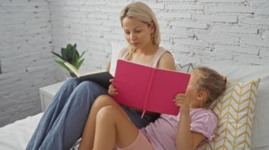 Anne ve kızı rahat bir yatak odasında birlikte kitap okuyorlar. Beyaz tuğlalı duvarlar ve kapalı alan bitkileri var. İkisi de gülümsüyor ve kitaplarla meşgul.