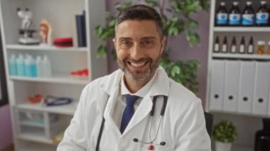 Tıbbi malzemelerle dolu bir klinikte gülümseyen, beyaz önlük ve steteskop giyen, modern sağlık hizmetlerinde profesyonelliği aktaran bir doktor..