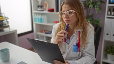 Klinikteki kadın doktor, evrakları dikkatlice inceliyor, gözlük ve steteskop takıyor, profesyonel bir ortamda tıbbi ekipmanlarla çevrili..