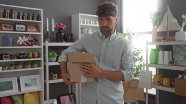 Süslü bir ev dekorasyonu mağazasında çeşitli dekoratif eşyalar ve bitkilerle birlikte paketleri tutan genç bir adam..
