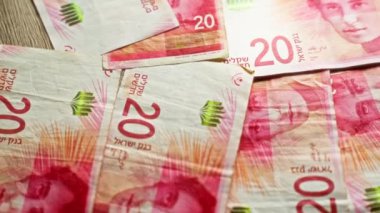 İsrail para birimi notları düz bir yüzeye dağılmış, banknotlardaki renkli ve ayrıntılı tasarımları vurguluyor..