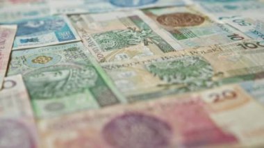 Polonya banknotları 50, 100 ve 200 zloti de dahil olmak üzere çeşitli banknotlar sergiliyor ve Polonya 'nın para birimini ayrıntılı bir yakın plan görüntüsünde vurguluyor..