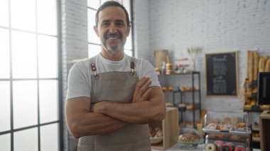 Orta yaşlı, kollarını kavuşturmuş bir adam, fırının iç tarafında, uzun pencerelerden süzülen fırın, ekmek rafları ve yumuşak doğal ışıkla çevrili, kendinden emin bir şekilde duruyor..