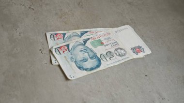 Singapur banknotları beton bir yüzeye yerleştirilmiş. Şehir ortamında finansal kavramları resmeden elli dolarlık banknotlar..