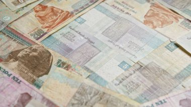 Mısır banknotları dağınık, çeşitli mezhepler içeren Mısırın merkez bankası ayrıntılı mimari ve tarihi tasarımlar sergilenmektedir.