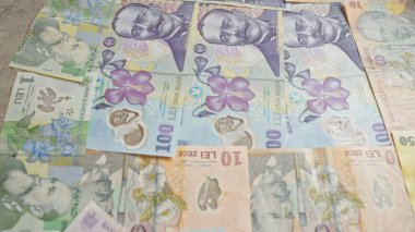 1 leu, 10 lei ve 100 lei 'nin de aralarında yer aldığı çeşitli Romanya banknotları, renkli tasarımlar ve tarihsel figürlerin sergilendiği düz bir şekilde sergileniyor..