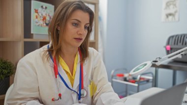 Kapalı bir klinikte tıbbi aletler ve evcil hayvan ekipmanlarıyla çalışan çekici genç bayan veteriner, görevine odaklandı..
