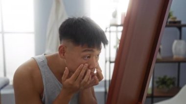 Kapalı bir sağlık merkezindeki aynada yüzünü inceleyen genç bir adam.