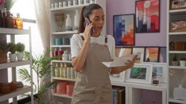 Bir dekor dükkanında elinde kağıtlar, arka planda çeşitli dekorlar ve bitkiler olan bir kadın telefonda konuşuyor.