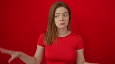 İzole edilmiş kırmızı arka plana el hareketi yapan bir kadın ifade ve duygular sergiliyor.