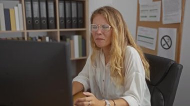 Sarışın kadın, arka planda bir ilan tahtası ve klasörlerle dolu bir ofiste çalışırken hayal kırıklığını ifade ediyor.