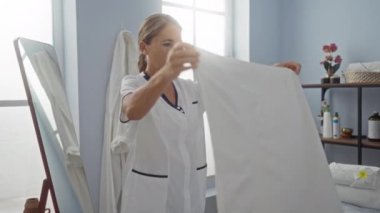 Kadın spa merkezinde tedavi odası hazırlıyor, temiz havlular kuruyor ve iç güzellikte ve sağlıkta eşyaları düzenliyor.