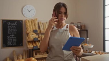 Fırında elinde tabletle konuşan bir kadın. Etrafı çeşitli ekmek ve hamur işleriyle çevrili..