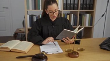 Ofiste çalışan genç bir kadın yargıç kitap okuyor ve yasal teraziler ve masanın üzerindeki tokmak ile ilgili notlar yazıyor.