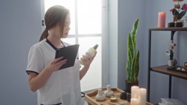 Kızıl saçlı kadın, elinde tablet ve şişeyle kaplıca odasında ürünleri kontrol ediyor. Üniforma giyiyor, odaklanmış görünüyor. Pencere kenarındaki tedavi masasının yanında duruyor..