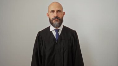 Yargıç cüppeli sakallı bir adam beyaz arka planda dövmeli bir haç çiziyor.