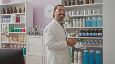 Bir eczanenin içinde cep telefonu kullanan bıyıklı genç adam çeşitli ürünler ve tıbbi malzemelerle dolu, gülümseyen, gözlük takan ve beyaz önlüklü, profesyonel bir ortam olduğunu gösteren.