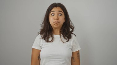 Dövmeli, esmer, genç bir İspanyol kadın, izole edilmiş beyaz bir arka plan duvarının başında dikilirken komik bir yüz ifadesi sergiliyor..