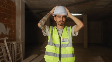 Sakallı, dövmeli, çelik yelek giyen ve kapalı bir inşaat alanında şapka takan İspanyol bir adam..