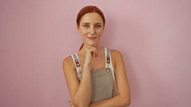 Çekici kızıl saçlı genç bir kadın izole edilmiş pembe bir arka planda özgüvenle poz veriyor, düşünceli bir ifadeyle kameraya bakıyor.