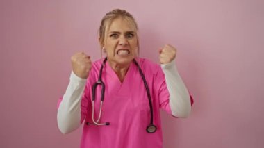 Pembe önlüklerle pembe arka plana karşı steteskop kullanan bir kadın tıbbi stres ve kararlılığı tasvir ediyor..