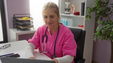 Hastane kliniğinde dizüstü bilgisayarda çalışan doktor kadın. Pembe önlük takıyor. Steteskop, iç mekânlarda profesyonelliği gösteriyor.