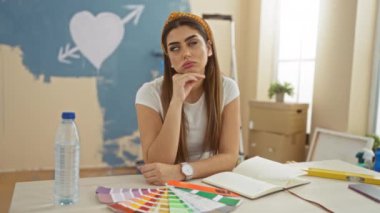 Kadın oturma odasında boya örnekleri ve kutularla yeni bir evde iç tasarım seçeneklerini değerlendiriyor..